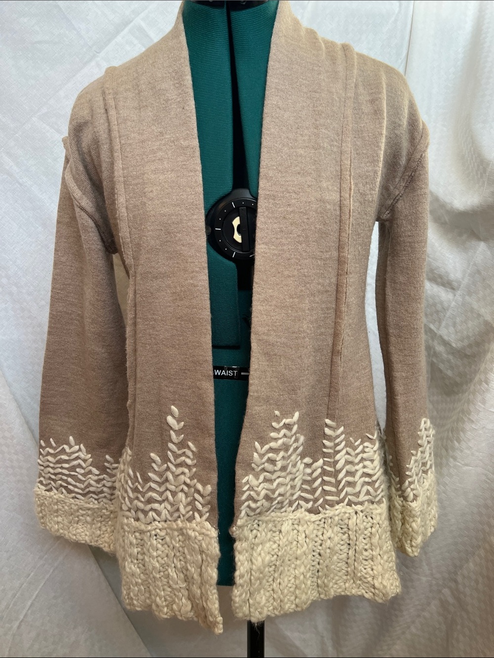 Anthro Tabitha Khaki Colored Wool Open-Front Cardigan with Cream Crochet Trim